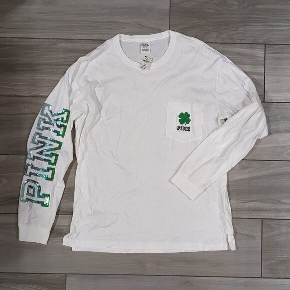 PINK Victoria's Secret Irish Clover Long Sleeve Shirt with Sequins - Picture 1 of 3